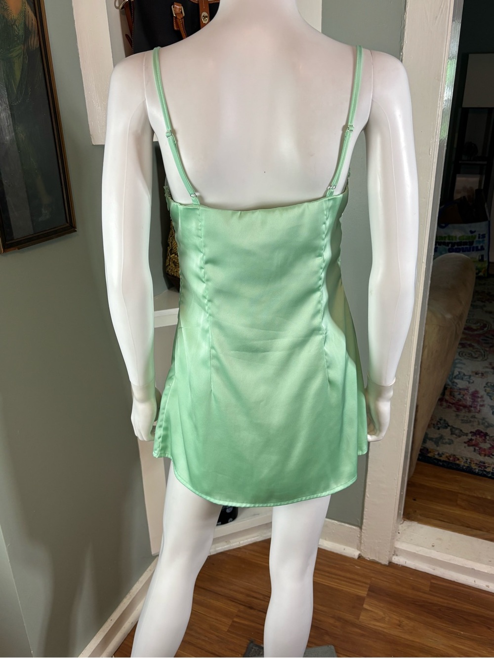 NWT New Peppermayo Zion Beaded Mini Slip Cami Dress Sage Mint Green Satin Sz 6 - Picture 11 of 14